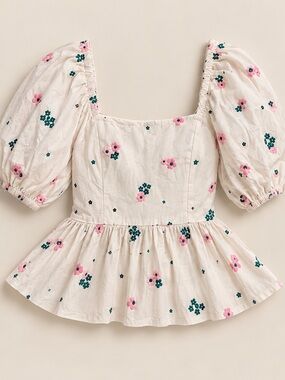 Barbour White Floral Puff Sleeve Peplum Blouse
